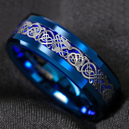 Men 8mm Beveled Edge Comfort-Fit Blue Silver Celtic Dragon Tungsten Wedding Band